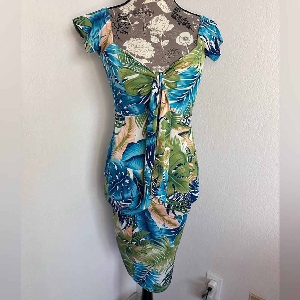 Privy Tropical Floral Print with Tie Front Body Con dress in blues & greens-XS